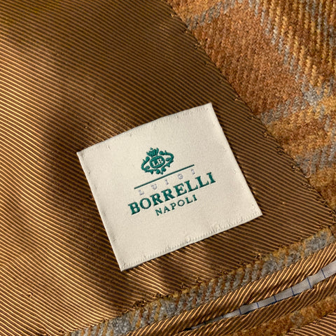 BORRELLI Size 44 Brown Camel Plaid Cashmere Notch Lapel Sport Coat