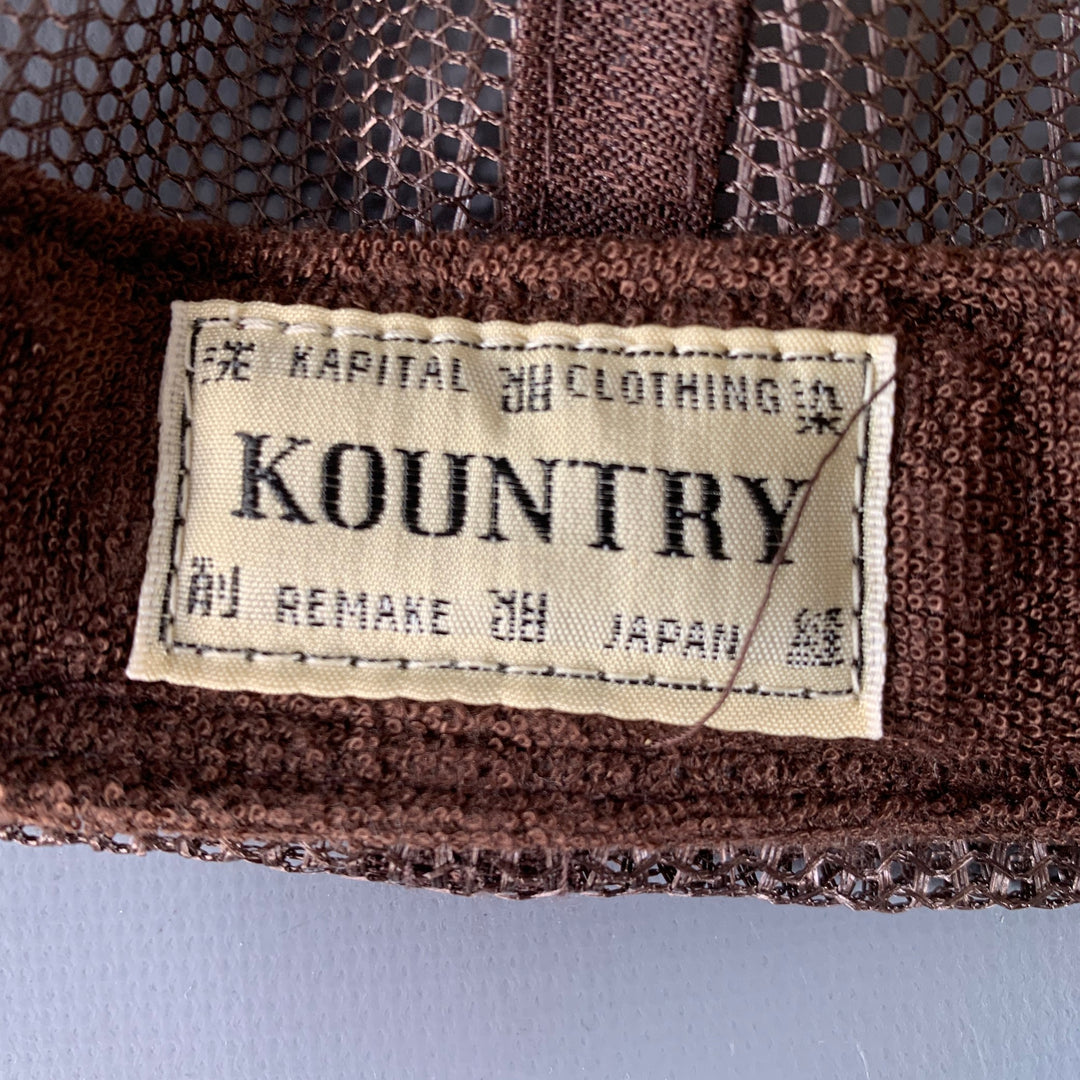 KAPITAL KOUNTRY Denim Repair Blue Beige Patchwork Denim Mesh Trucker Hat