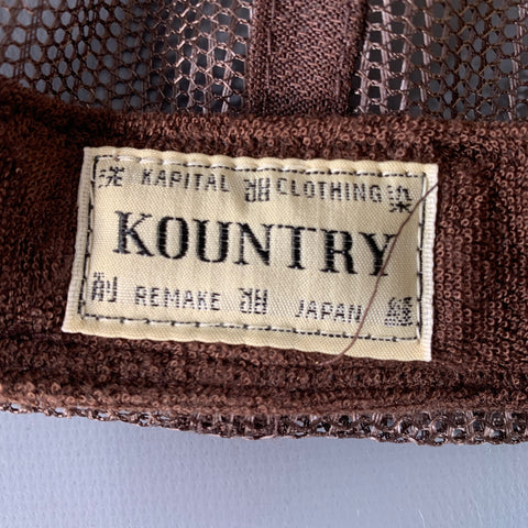 KAPITAL KOUNTRY Denim Repair Blue Beige Patchwork Denim Mesh Trucker Hat