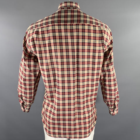 BRIONI Size L Burgundy Tan Tartan Cotton Button Down Long Sleeve Shirt
