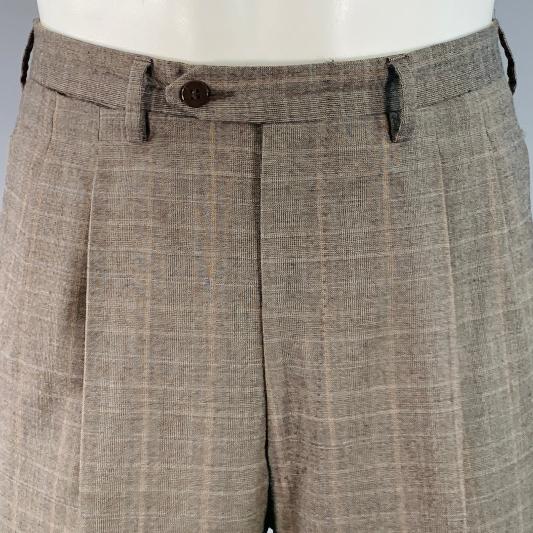LUCIANO BARBERA Size 38 Regular Brown Plaid Wool Notch Lapel Pleated Suit