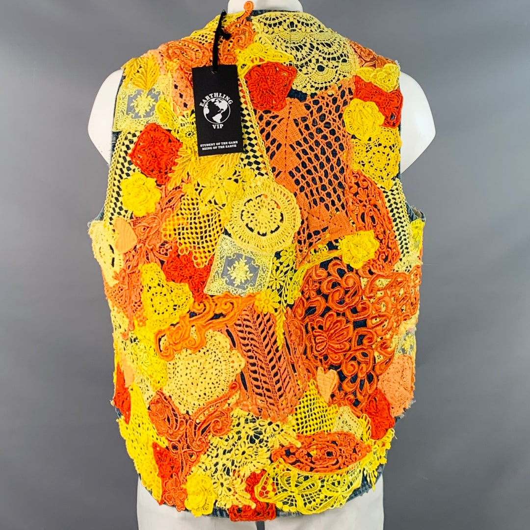 EARTHLING VIP Size XL Poetic Lust Blue Orange Yellow Lace Crochet Cotton Snaps Vest
