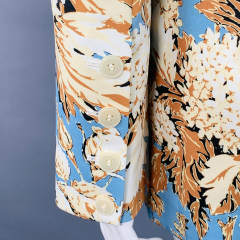 STINE GOYA Size L Blue Tan Polyester Blend Floral Notch Lapel Zip Pockets Jacket Blazer