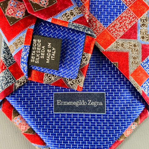 ERMENEGILDO ZEGNA Red Blue Squares Silk Satin Tie