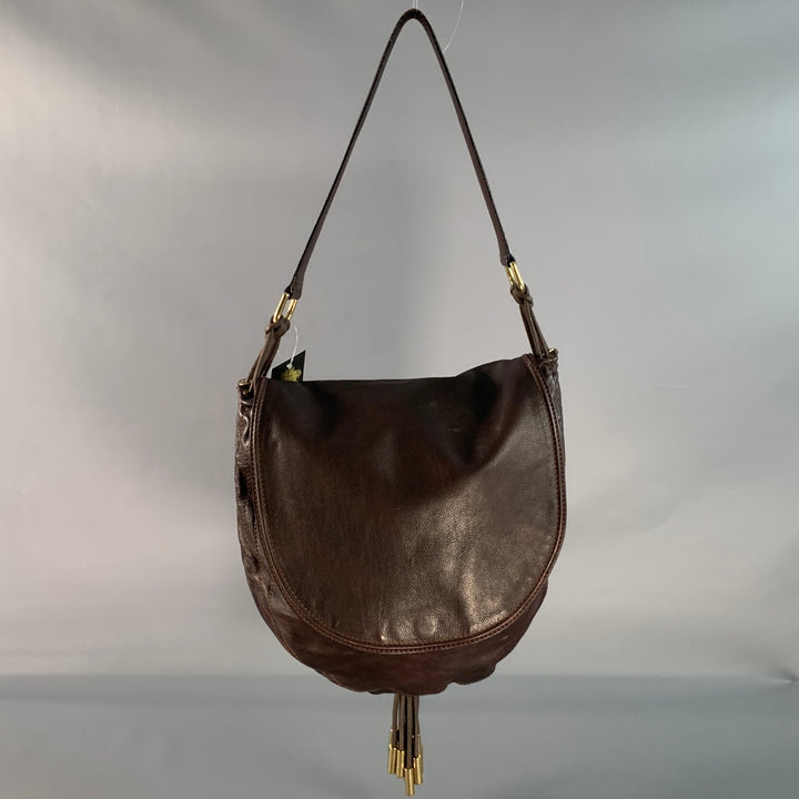 DONNA KARAN Brown Gold Leather Leather Shoulder Bag Handbag