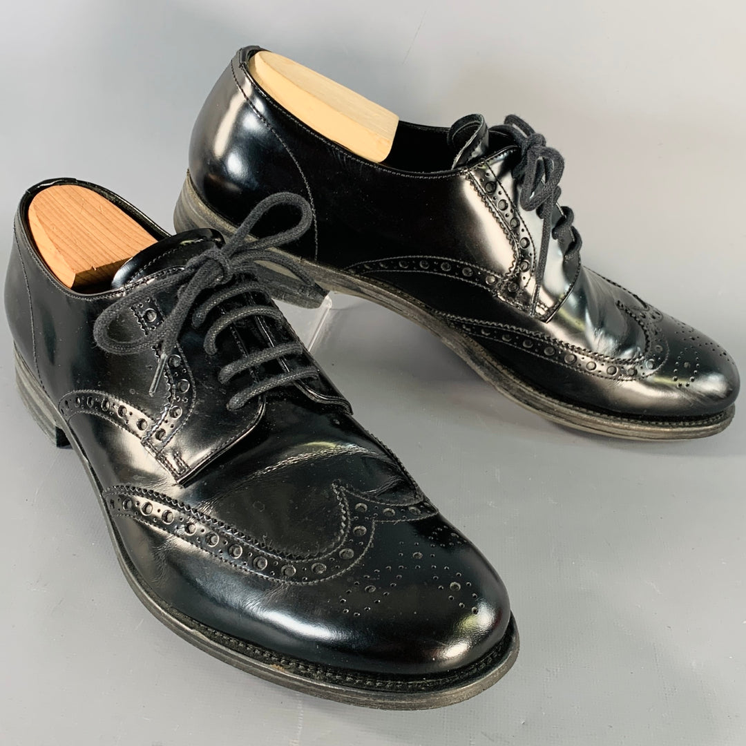 PRADA Size 9.5 Black Leather Perforated Wingtip Derby Lace-Up Shoes