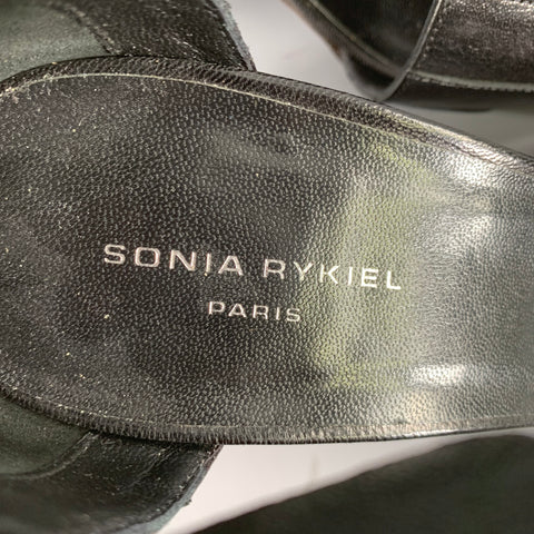 SONIA RYKIEL Size 10 Black Leather Stripe Ankle Strap Sandals
