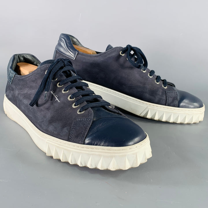 SALVATORE FERRAGAMO Size 10 Navy Suede Leather Lace-Up Sneakers