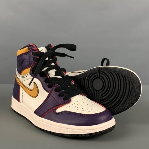 NIKE Size 6Y White Purple Color Block Leather High Top Sneakers