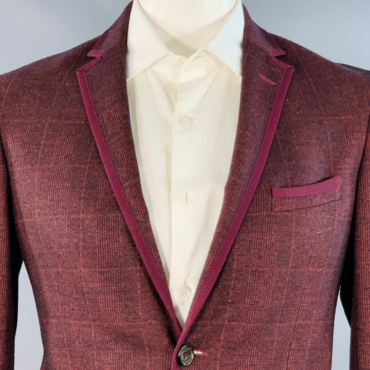 ETRO Size 42 Red Black Glenplaid Wool Contrast Trim Notch Lapel Sport Coat