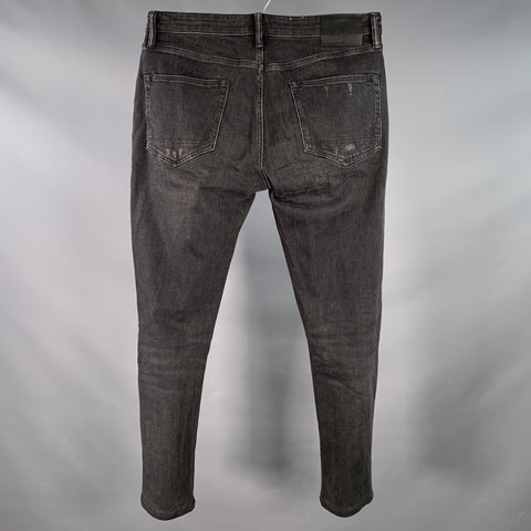 ALLSAINTS Size 32 Rex Black Distressed Cotton Blend Slim Straight Jeans