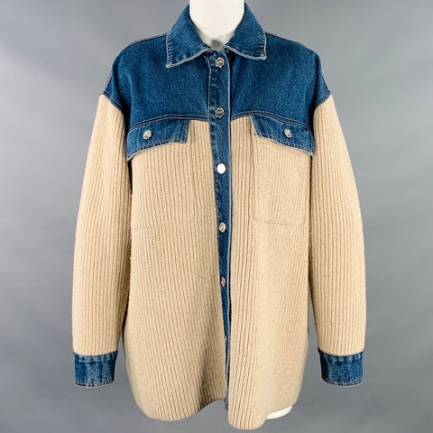 SANDRO Size M Beige Blue Mixed Fabrics Wool Blend Denim Jacket