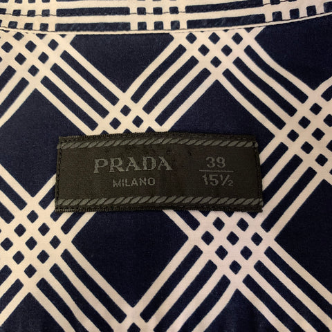 PRADA Size S Navy White Geometric Pointed Collar Long Sleeve Shirt