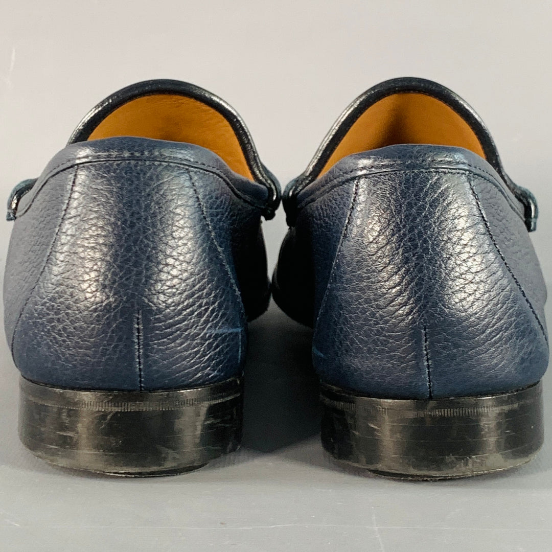 GUCCI Size 12 Navy Silver Pebble Grain Leather Horsebit Loafers