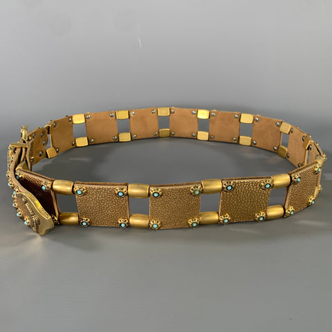 NANNI Waist Size 36 Gold Crackled Leather Trim Metallic Metal Belt