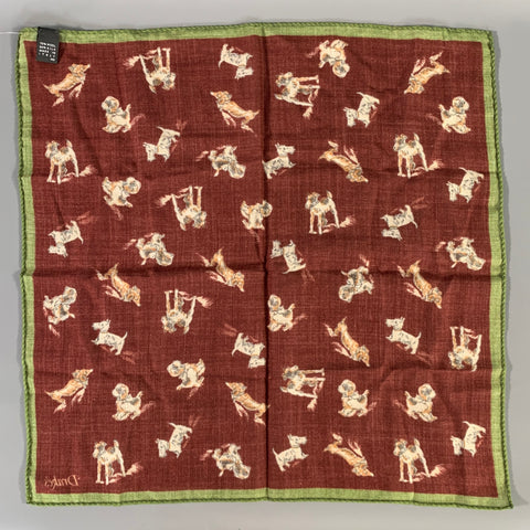 NO BRAND Burgundy Green Dogs Wool Pocket Square