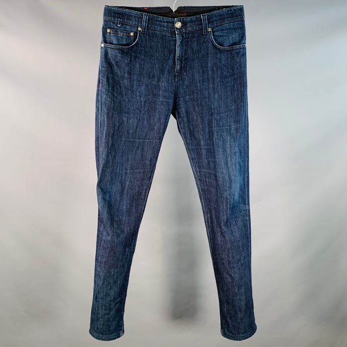Jeans skinny en sergé selvedge de coton bleu, taille 32, ISAIA