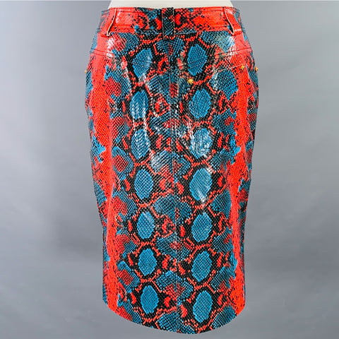 VERSACE Size S Red Blue Leather Snake Embossed Pencil Skirt