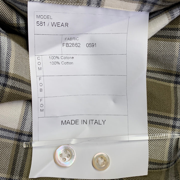 BOGLIOLI Size L Cream Olive Plaid Cotton Twill Spread Collar Long Sleeve Shirt