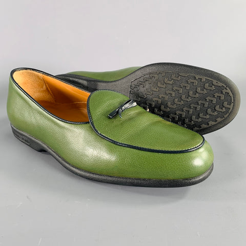A.TESTONI Size 8 Green Black Contrast Stitch Leather Slip On Loafers