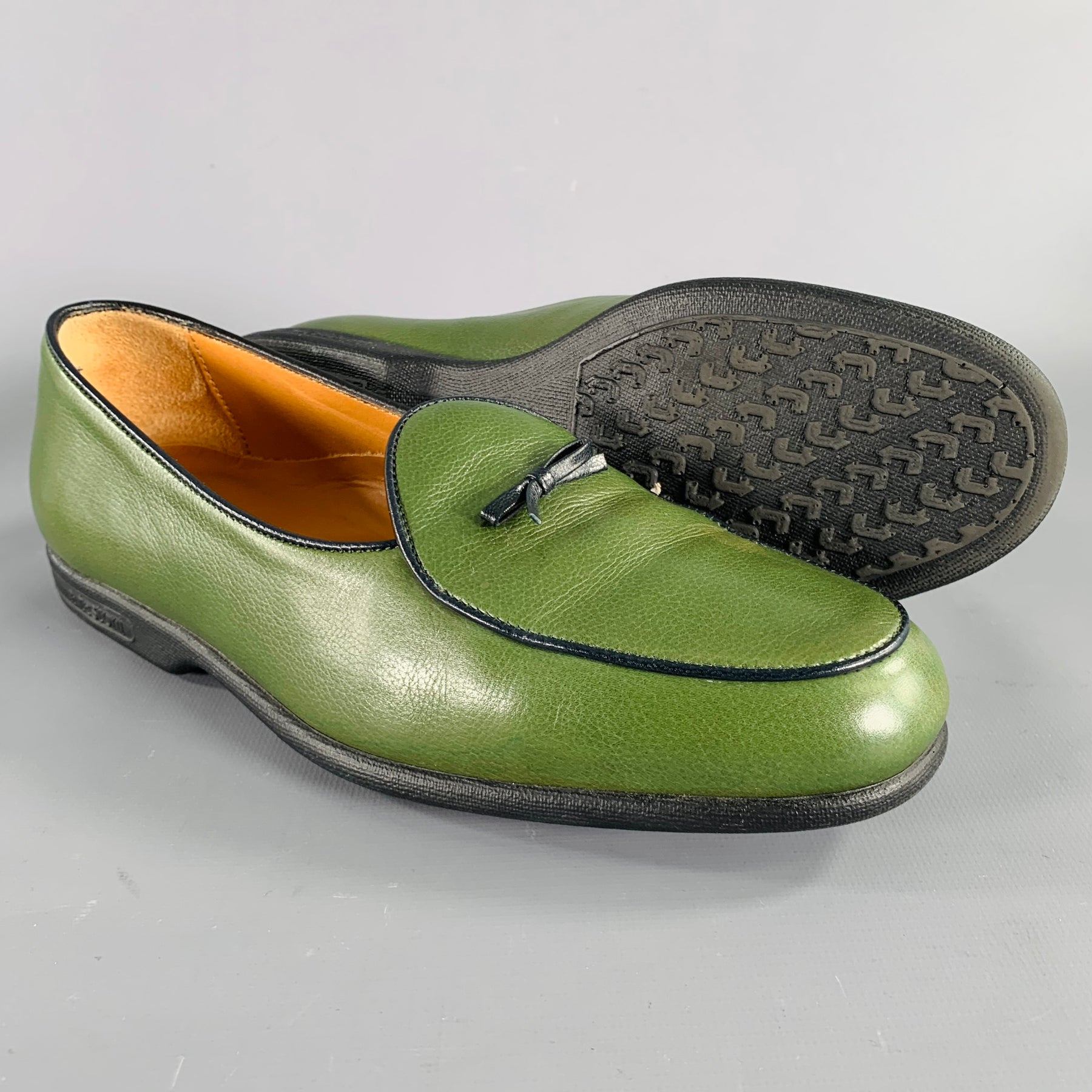 A.TESTONI Size 8 Green Black Contrast Stitch Leather Slip On  display picture 1