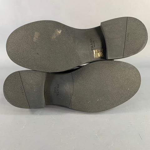 PRADA Size 12 Black Silver Logo Leather Split Toe Slip On Loafers
