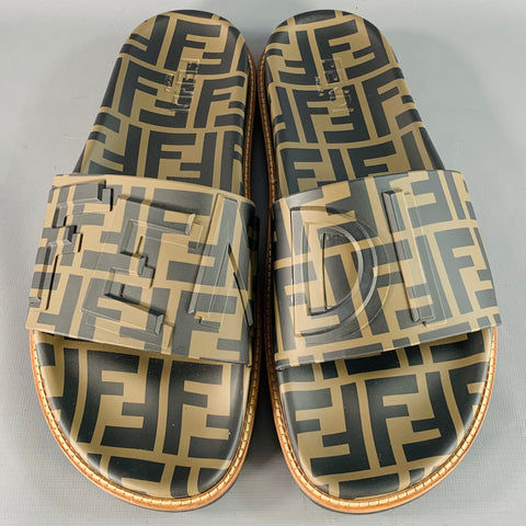FENDI Size 10 Brown Beige Logo Monogram Acetate Slip On Slide Sandals