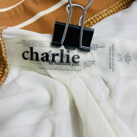 CHARLIE Size S Brown White Stripe Polyester Blend Gold Buttons Swim Trunks