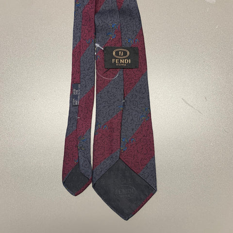 FENDI Burgundy Grey Diagonal Stripe Silk Tie