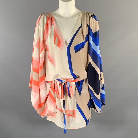 GUCCI  by Tom Ford SS 2009 Size M Blue Peach Silk Geometric V-Neck Mini Tunic Dress