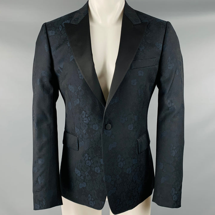 PAUL SMITH Size 40 Navy Black Floral Cotton Peak Lapel Sport Coat