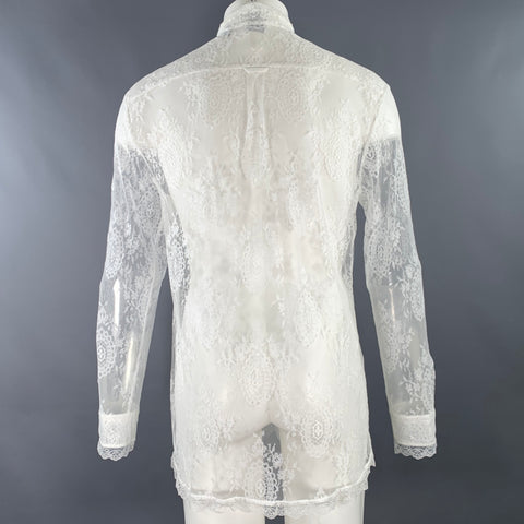 BURBERRY Size XS White Lace Viscose Blend Bow Long Sleeve Shirt
