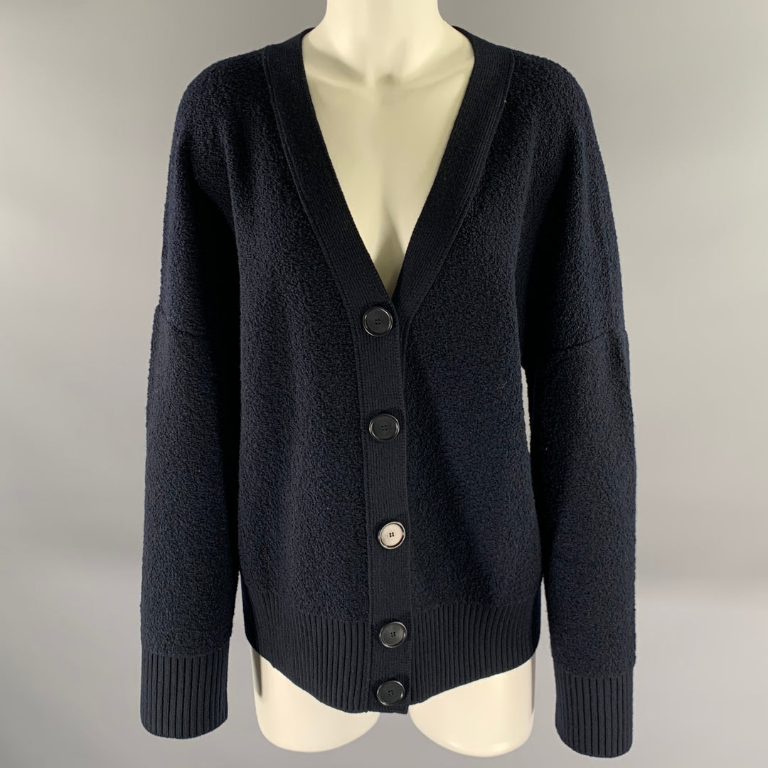 AKRIS Size L Navy Wool Polyamide Cashmere Boucle Cardigan