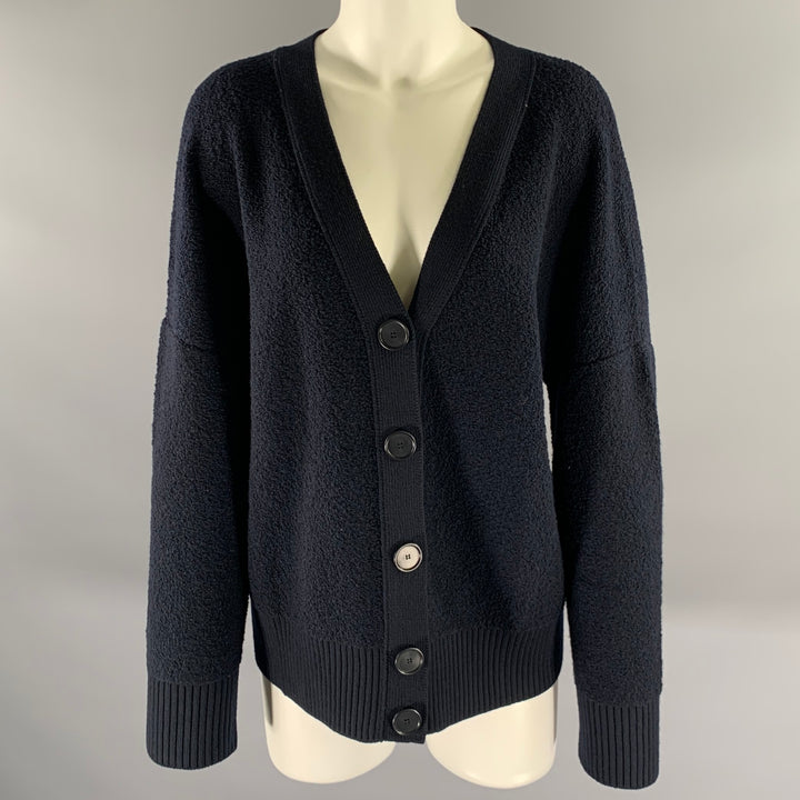 AKRIS Size L Navy Wool Polyamide Cashmere Boucle Cardigan