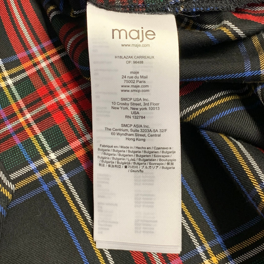 MAJE Size S Black Multi Color Acetate Blend Plaid Asymmetrical Casual Top