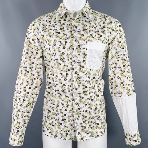 MARNI Size 36 White Green Brown Floral Cotton One Pocket Long Sleeve Shirt