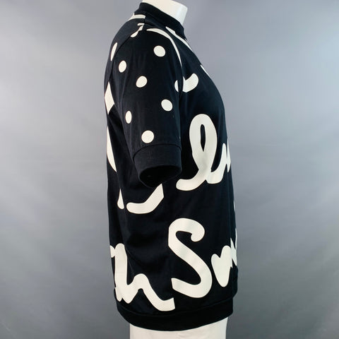 PAUL SMITH Size XL Black White Logo Cotton Zipper Short Sleeve Pullover