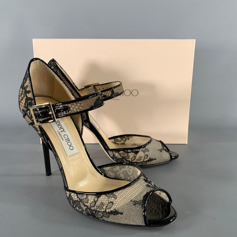 JIMMY CHOO Size 9 Black Cream Lace 144Lace Stiletto Pumps