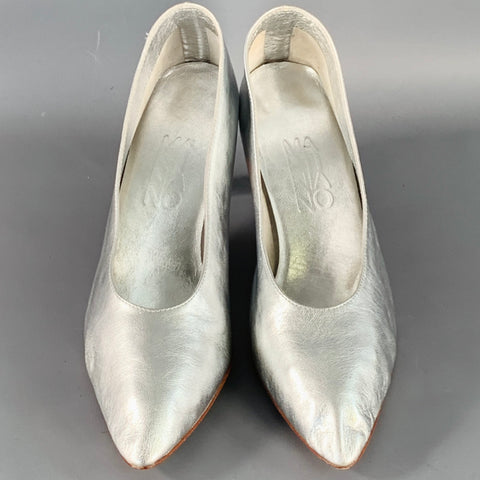 MARTINIANO Size 7.5 Metallic Silver Kidskin Leather Pointed Toe Pumps