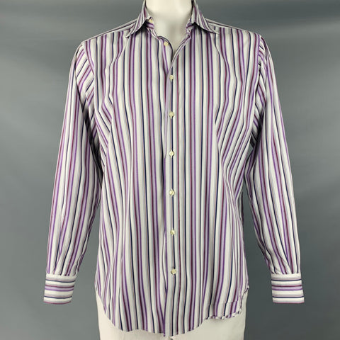 ETRO Camisa de manga larga con botones de algodón a rayas blancas y moradas talla L
