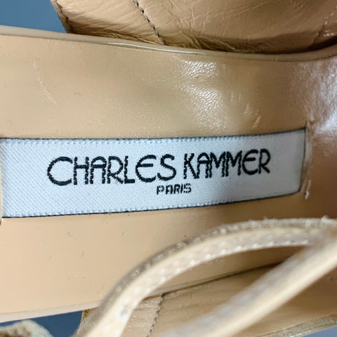 CHARLES KAMMER Size 6 Beige Nude Patent Leather Peep Toe Strappy Sandals