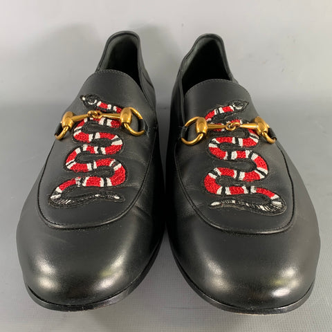 GUCCI Size 12 Black Embroidery Leather Horsebit Loafers