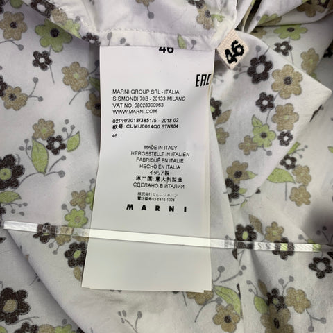 MARNI Size 36 White Green Brown Floral Cotton One Pocket Long Sleeve Shirt
