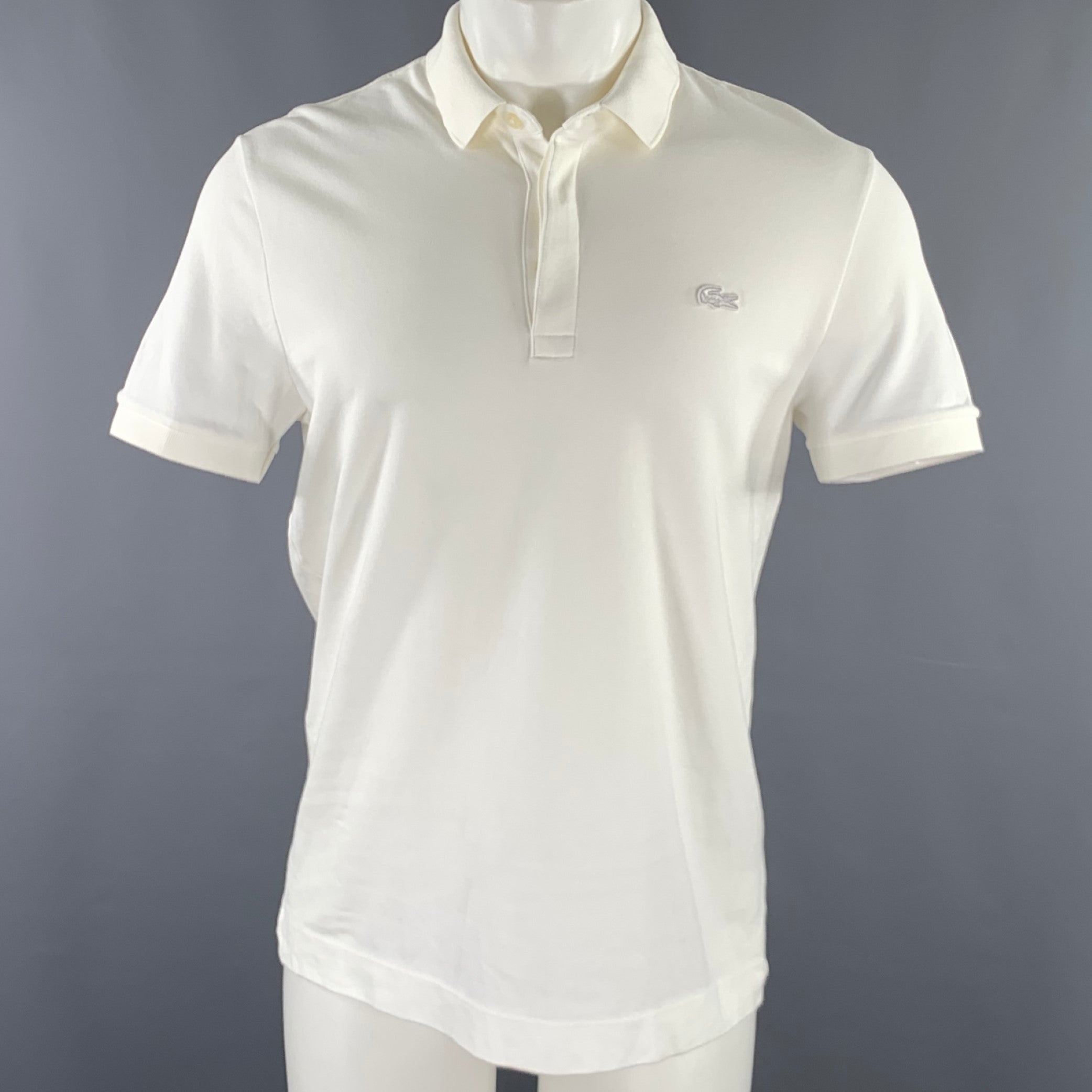 LACOSTE Size M White Cotton Blend Regular Fit Hidden Buttons Polo