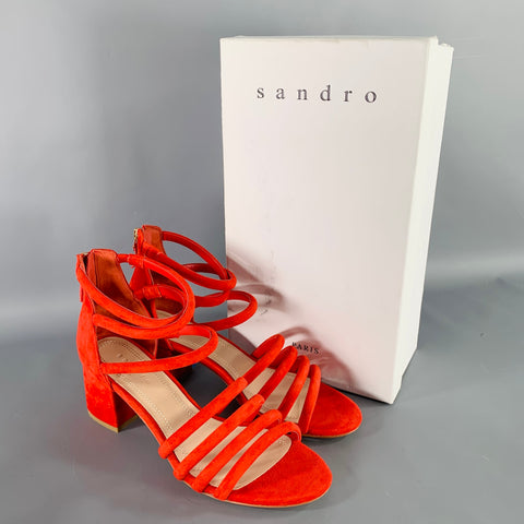 SANDRO Size 10 Tessa Red Suede Caged Chunky Heel Sandals