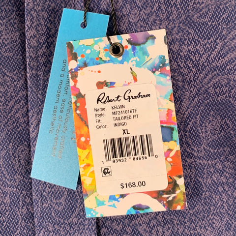 Chemise à manches longues ROBERT GRAHAM Taille XL Bleu marine Indigo Fleuri Col classique Coton