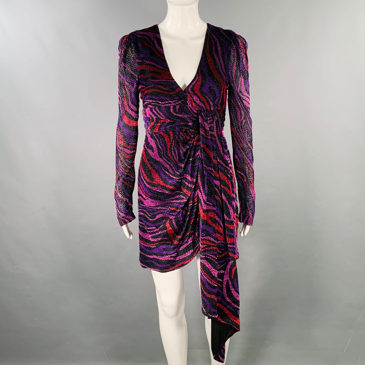 PRABAL GURUNG Size 0 Purple Black Viscose Silk Burnout Long Sleeve Dress