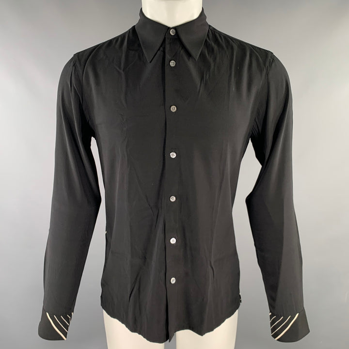 THEORY Size S Black Stripe Silk Blend Button Up Long Sleeve Shirt