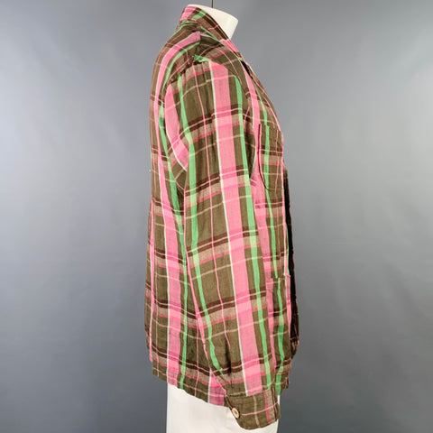 45rpm Size XL Pink Brown Green Plaid Linen Notch Lapel Jacket