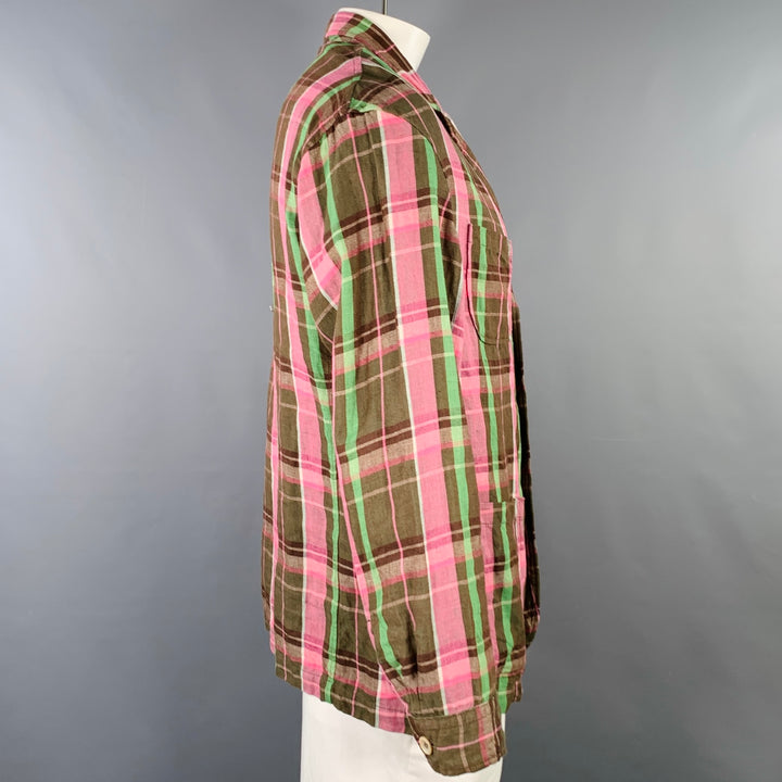 45rpm Size XL Pink Brown Green Plaid Linen Notch Lapel Jacket